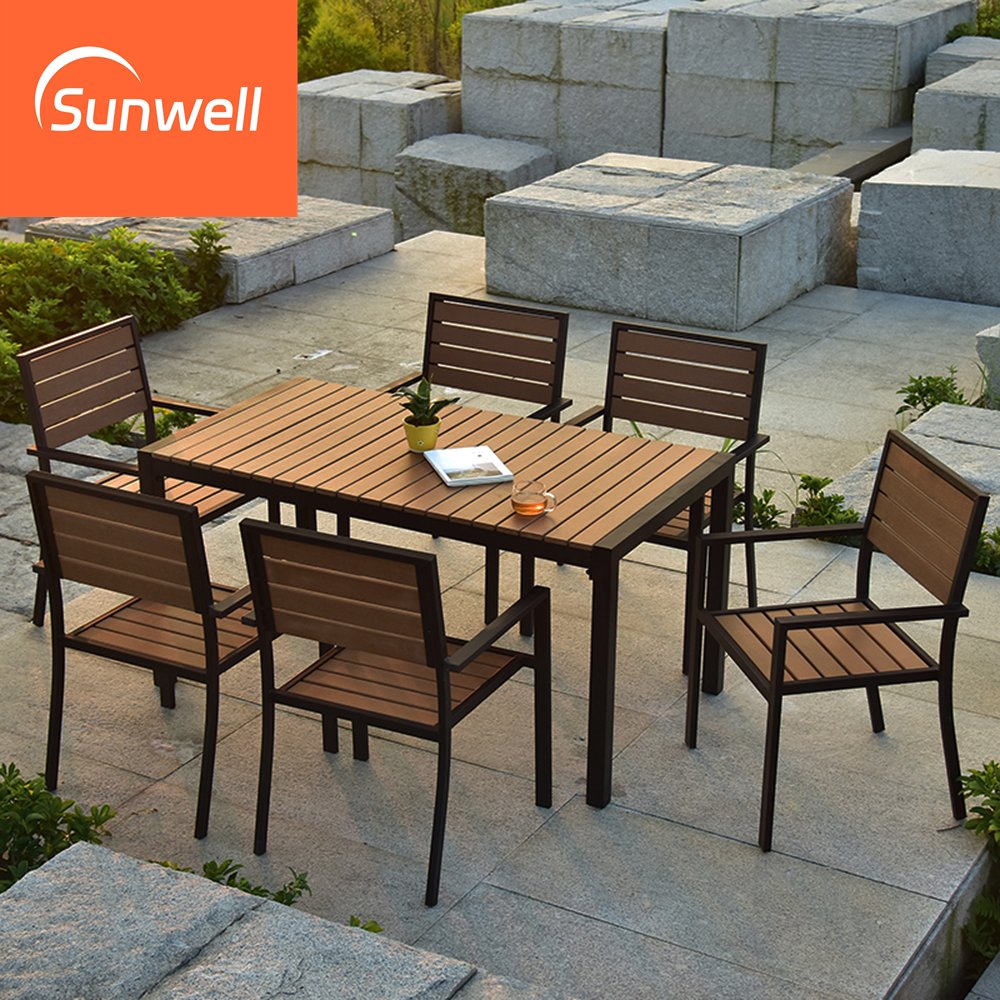 Restaurant Outdoor Furniture Aluminum Plastic Wood Tables And 4 Seat Chairs Bistro Dining Set For Hotel