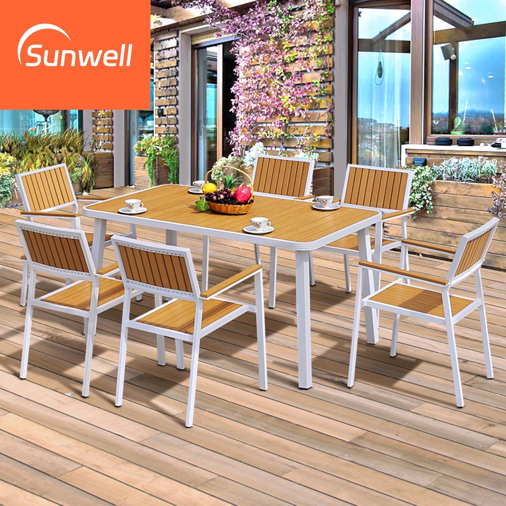 Restaurant Outdoor Furniture Aluminum Plastic Wood Tables And 4 Seat Chairs Bistro Dining Set For Hotel