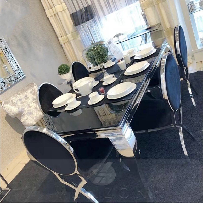Modern Stylish European Style Dining Table Set Stainless Steel and Glass Wholesale for Home Villa Apartment Use