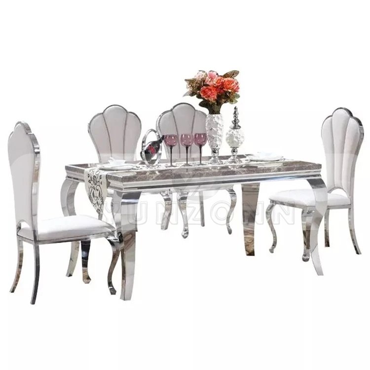 Modern Stylish European Style Dining Table Set Stainless Steel and Glass Wholesale for Home Villa Apartment Use