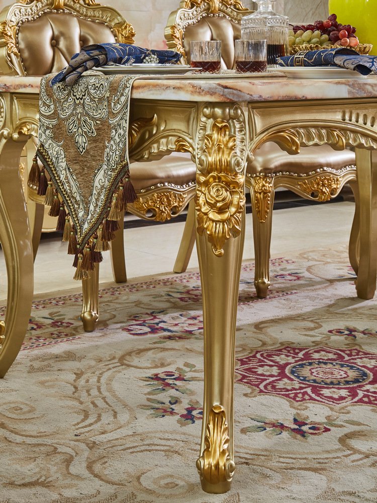 Luxury European Dining Table Rectangular Dining Table Oak Carving Marble Tabletop High-Grade Square Dining Table Chair Set