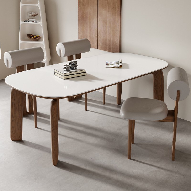 Modern luxury Nordic style white rock slab countertop dining table all solid wood home dining table with chairs