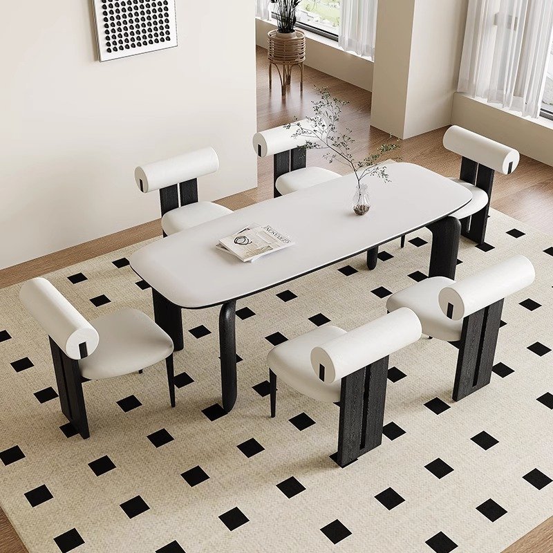 Modern luxury Nordic style white rock slab countertop dining table all solid wood home dining table with chairs