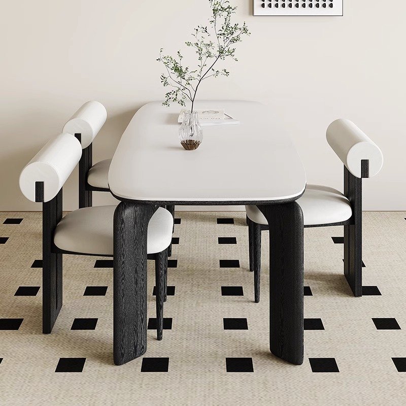 Modern luxury Nordic style white rock slab countertop dining table all solid wood home dining table with chairs