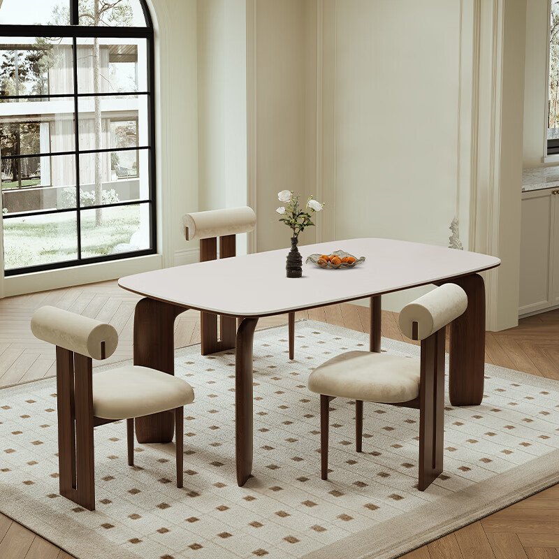 Modern luxury Nordic style white rock slab countertop dining table all solid wood home dining table with chairs