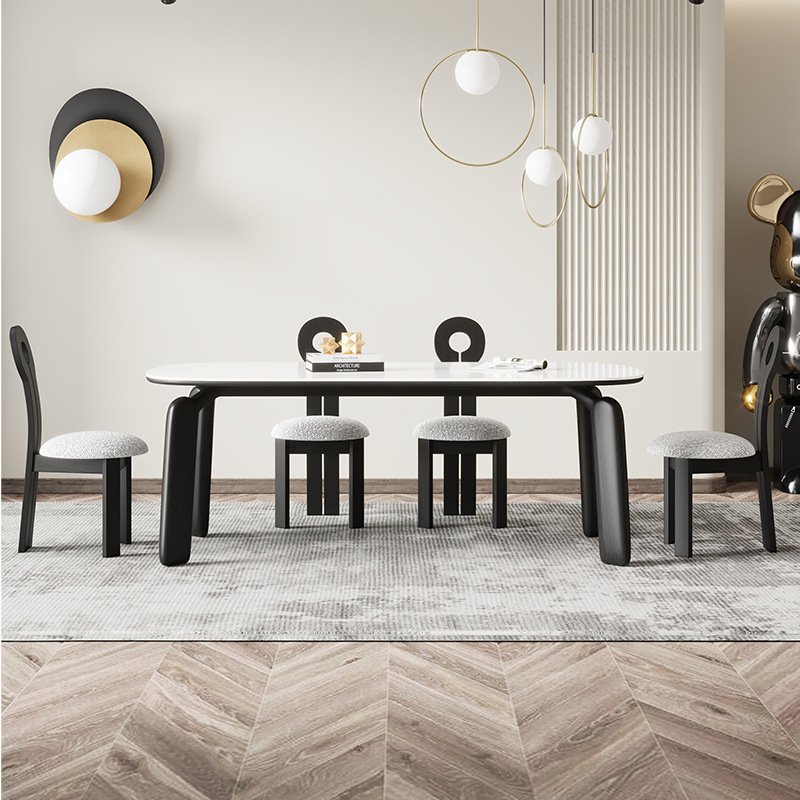 Modern luxury Nordic style white rock slab countertop dining table all solid wood home dining table with chairs