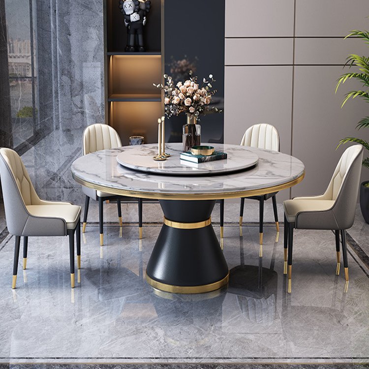 Italian design metal base two marble top rotating dining table set round dining table with rotating center for dining room