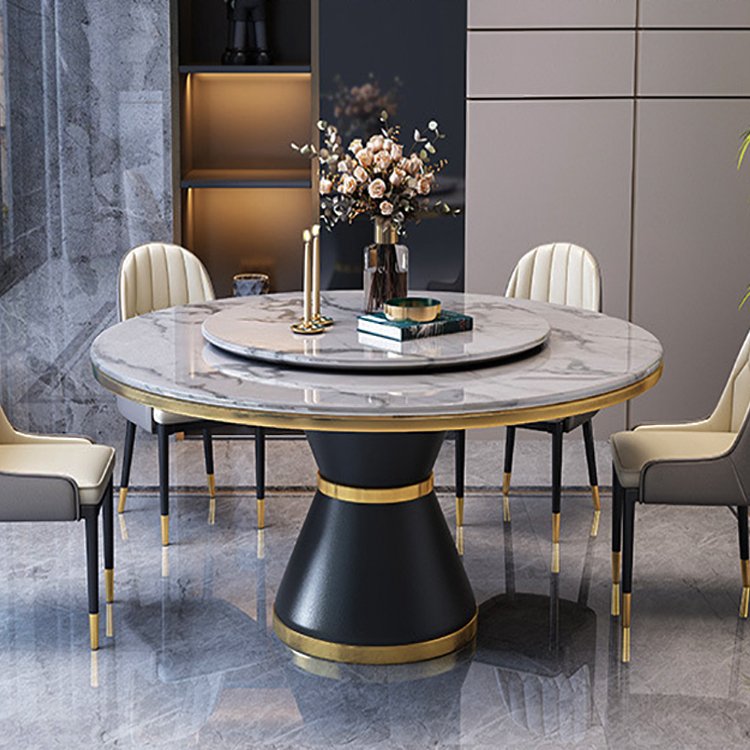 Italian design metal base two marble top rotating dining table set round dining table with rotating center for dining room