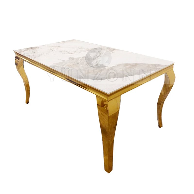 Yunzhang Modern Marble Dining Table Set 6-Seater with Stainless Steel and glass for Hotels Events Outdoor Parties