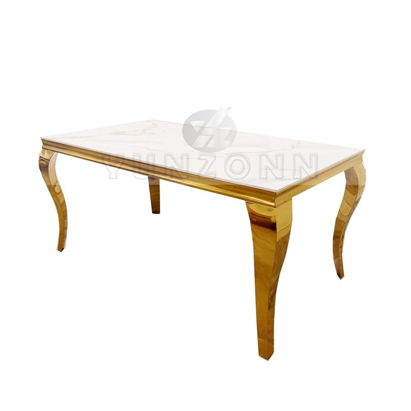 Yunzhang Modern Marble Dining Table Set 6-Seater with Stainless Steel and glass for Hotels Events Outdoor Parties