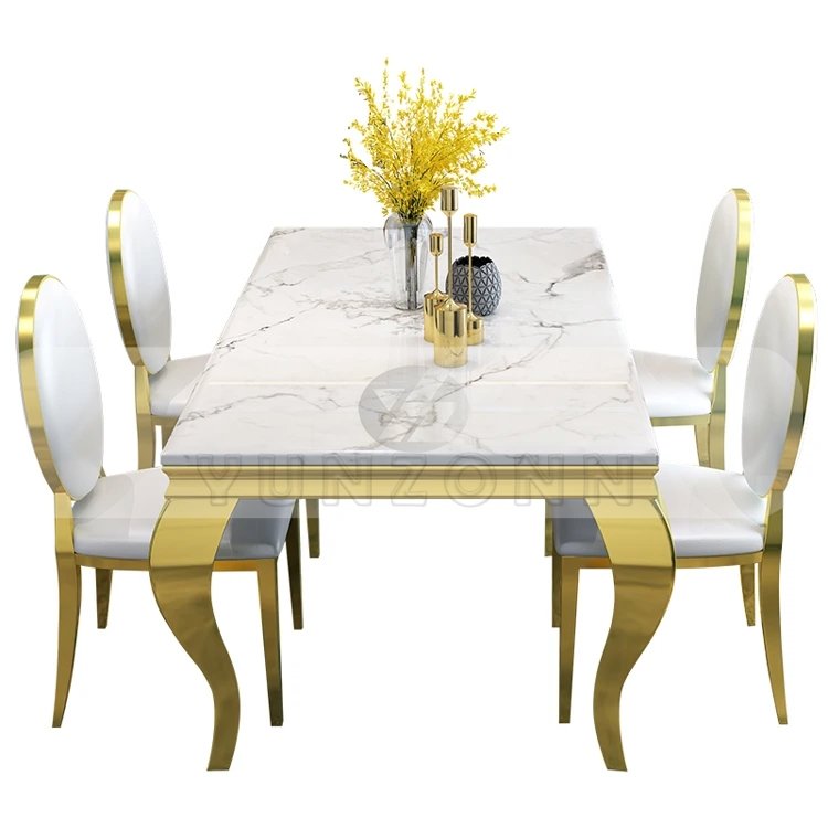 Yunzhang Modern Marble Dining Table Set 6-Seater with Stainless Steel and glass for Hotels Events Outdoor Parties