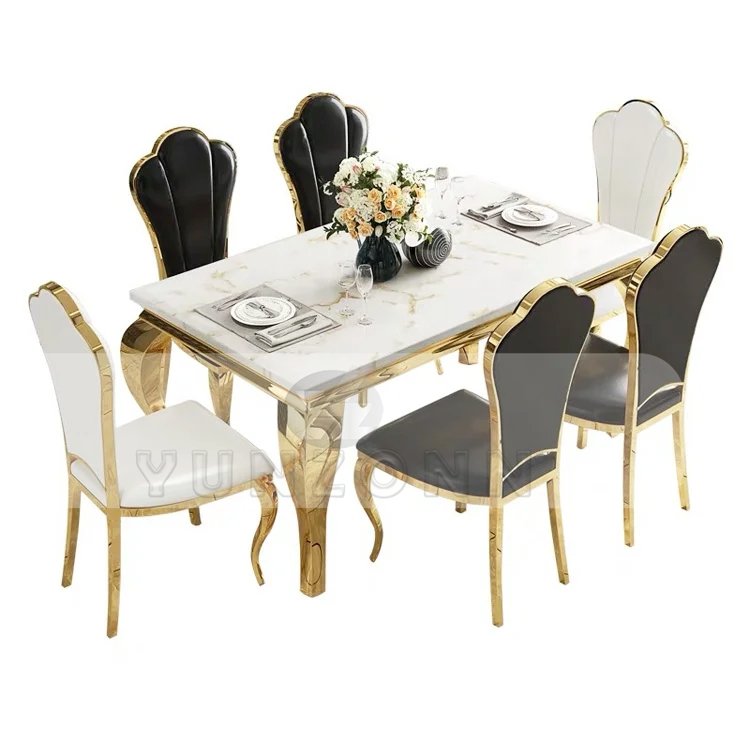 Yunzhang Modern Marble Dining Table Set 6-Seater with Stainless Steel and glass for Hotels Events Outdoor Parties