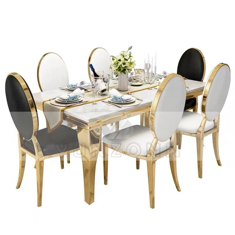Yunzhang Modern Marble Dining Table Set 6-Seater with Stainless Steel and glass for Hotels Events Outdoor Parties