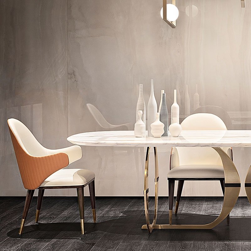 Modern stainless steel dining table with golden pedestal Custom luxury dining room furniture