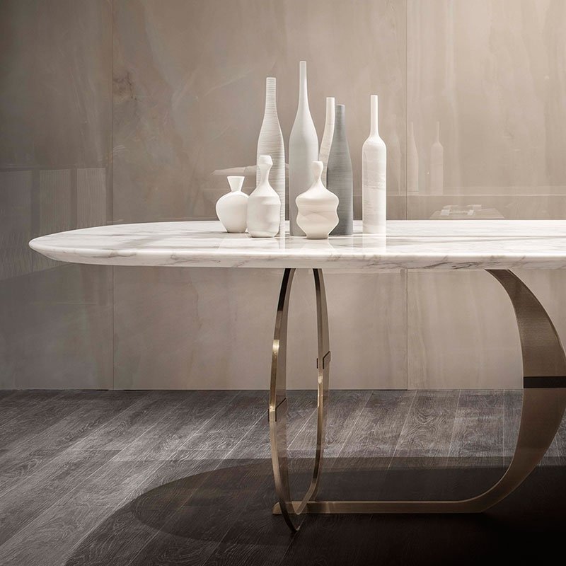 Modern stainless steel dining table with golden pedestal Custom luxury dining room furniture