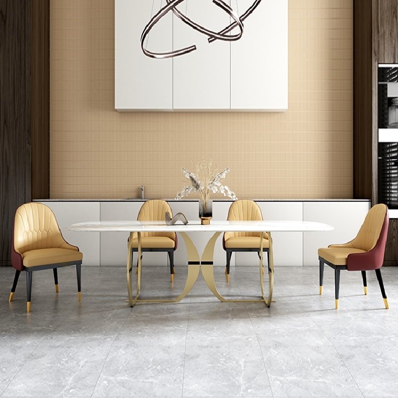 Modern stainless steel dining table with golden pedestal Custom luxury dining room furniture