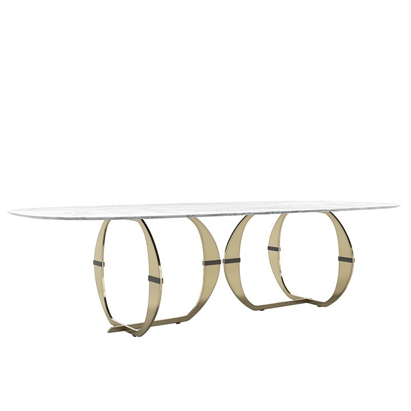 Modern stainless steel dining table with golden pedestal Custom luxury dining room furniture