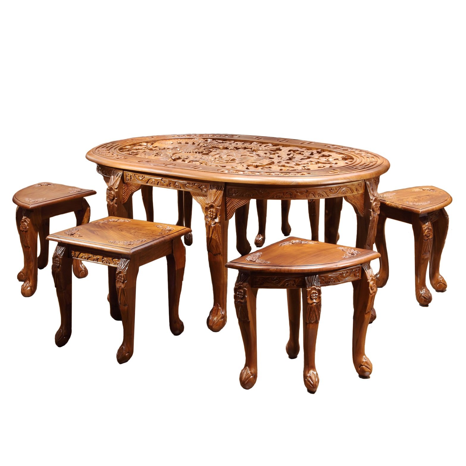 Chinese style Exquisite Teak Carved Dragon and Phoenix Tea Set with Chinese Dining Table and Chairs for Restaurant
