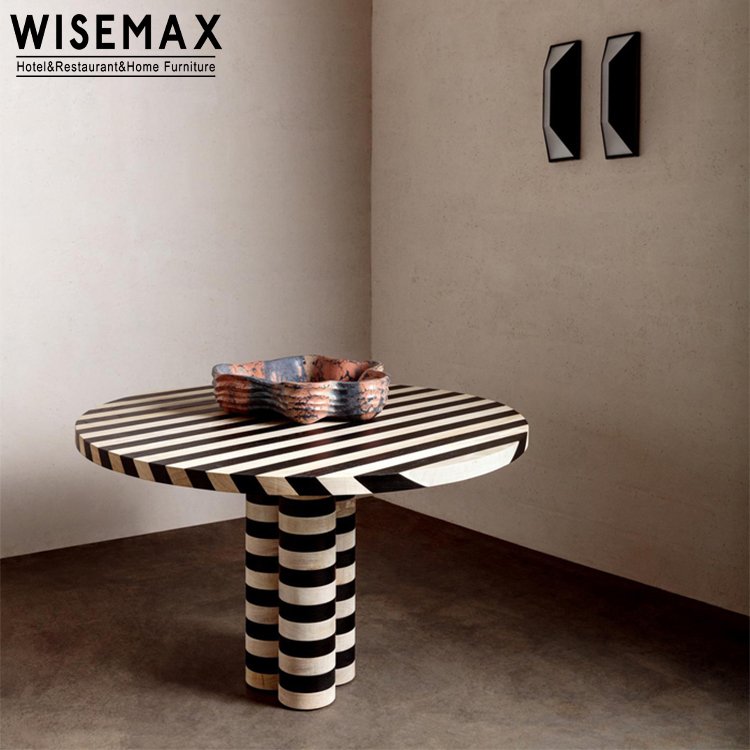 WISEMAX FURNITURE Modern dining room furniture Big size black and white stripe round wooden dining table with 3 column legs