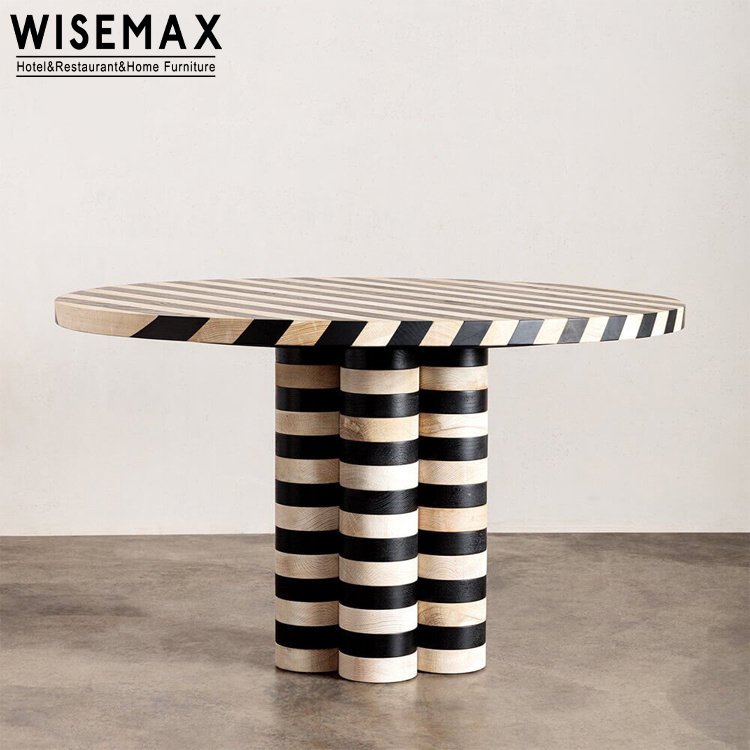 WISEMAX FURNITURE Modern dining room furniture Big size black and white stripe round wooden dining table with 3 column legs