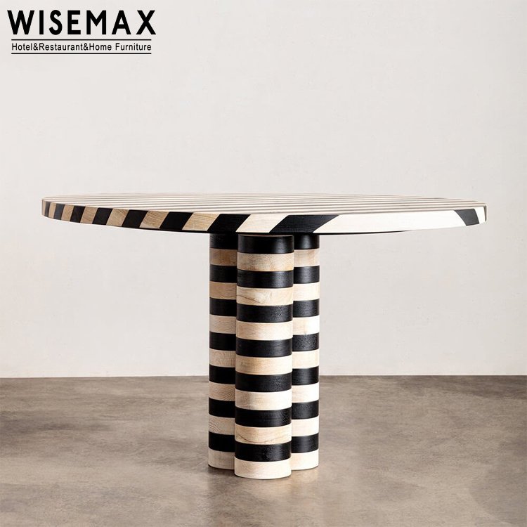 WISEMAX FURNITURE Modern dining room furniture Big size black and white stripe round wooden dining table with 3 column legs