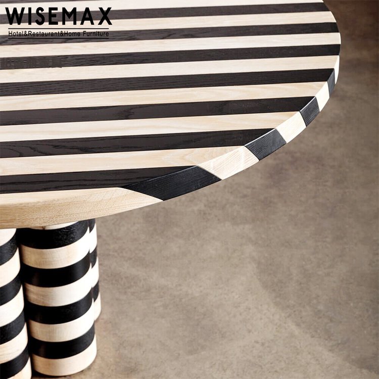 WISEMAX FURNITURE Modern dining room furniture Big size black and white stripe round wooden dining table with 3 column legs