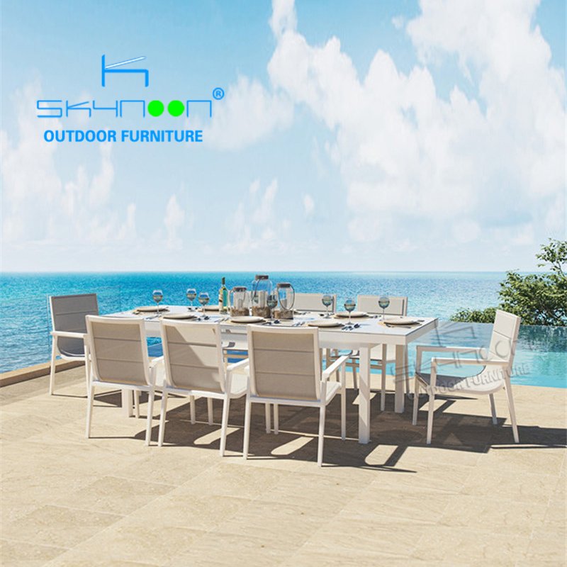 Modern white color outdoor dining table and chairs Hot Sale aluminum extending outdoor table outdoor furniture sets(51306)