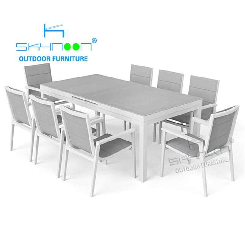 Modern white color outdoor dining table and chairs Hot Sale aluminum extending outdoor table outdoor furniture sets(51306)
