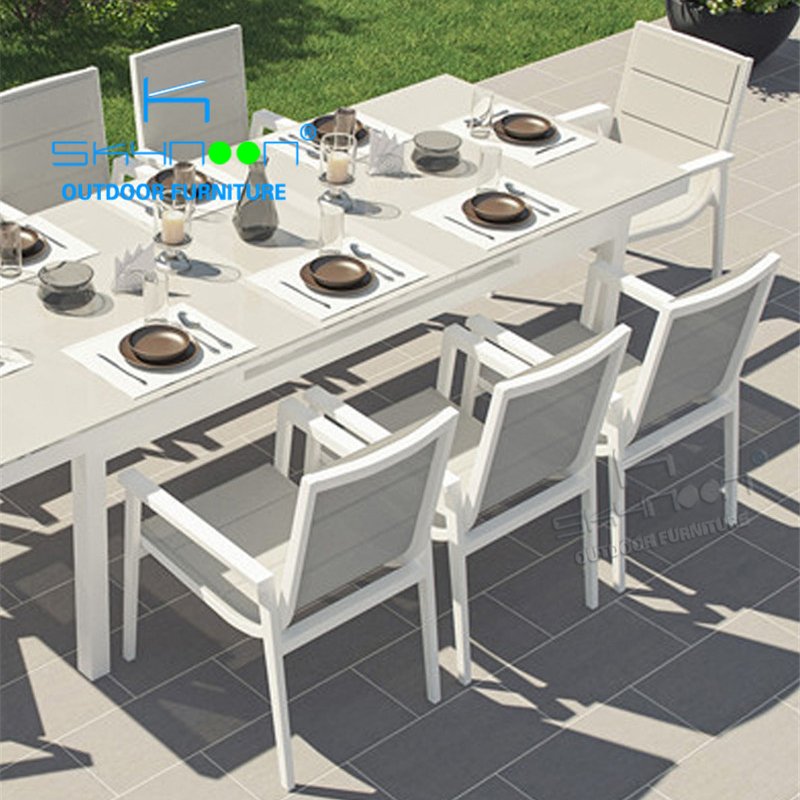 Modern white color outdoor dining table and chairs Hot Sale aluminum extending outdoor table outdoor furniture sets(51306)