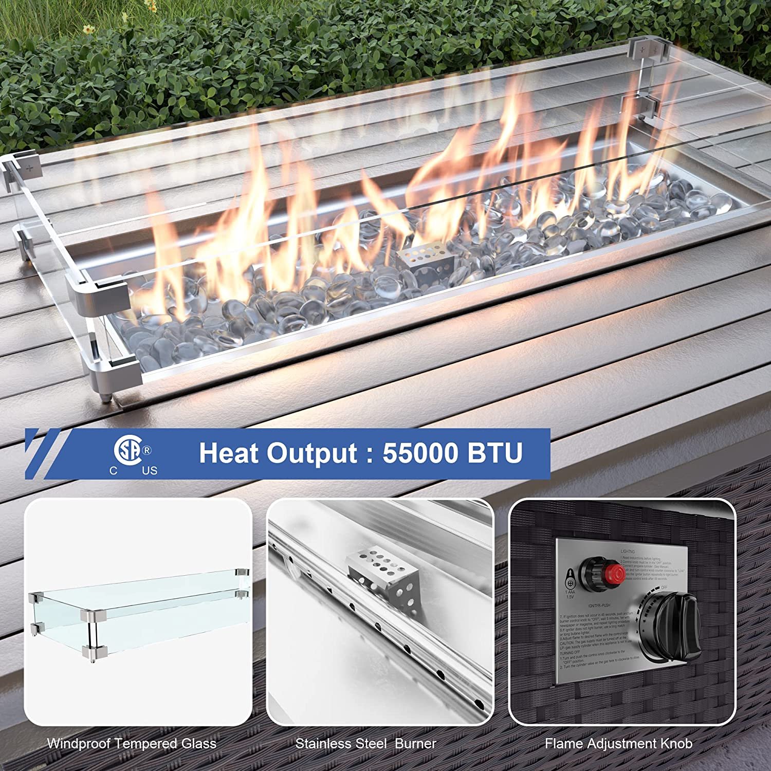 TG Outdoor Garden Furniture patio Rattan fire pit table wicker rectangle gas fire pit dining table