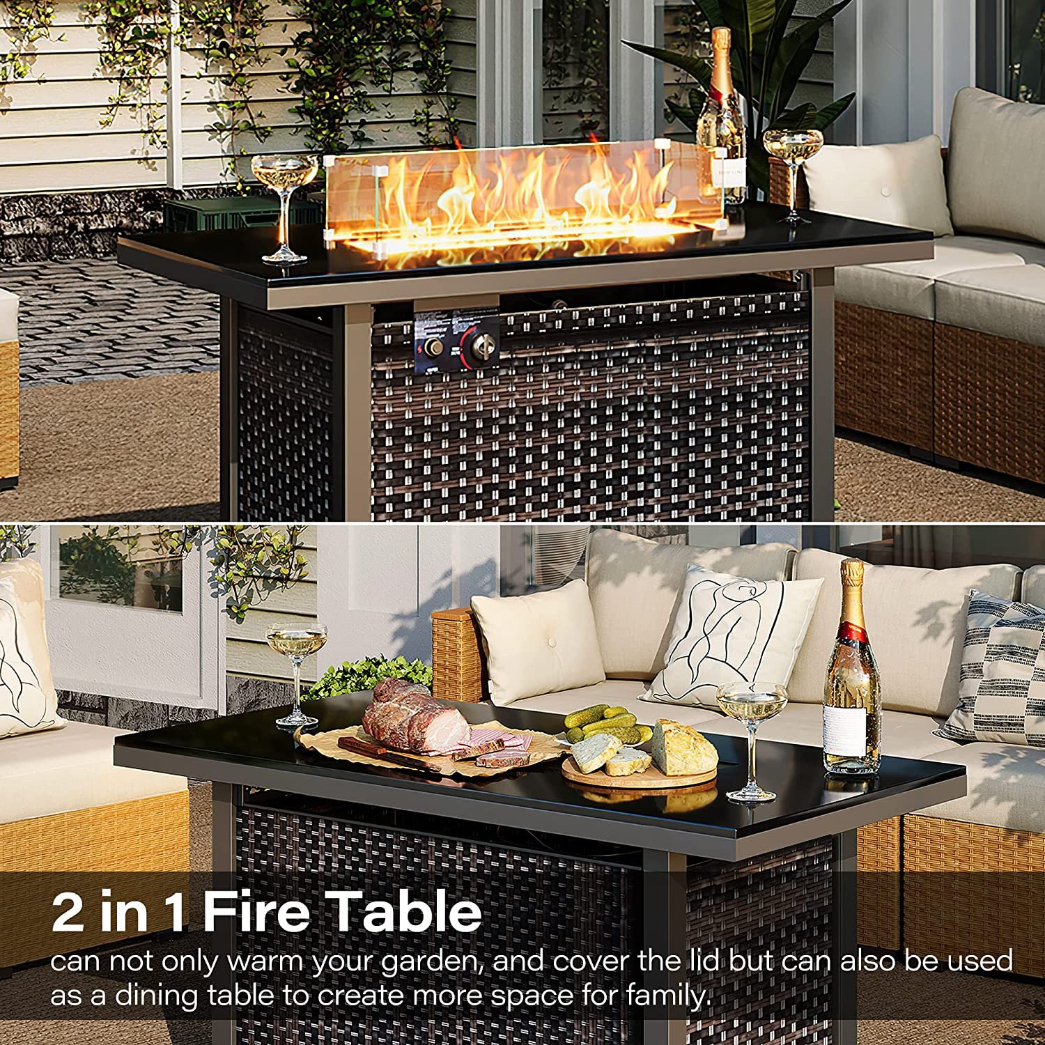 TG Outdoor Garden Furniture patio Rattan fire pit table wicker rectangle gas fire pit dining table
