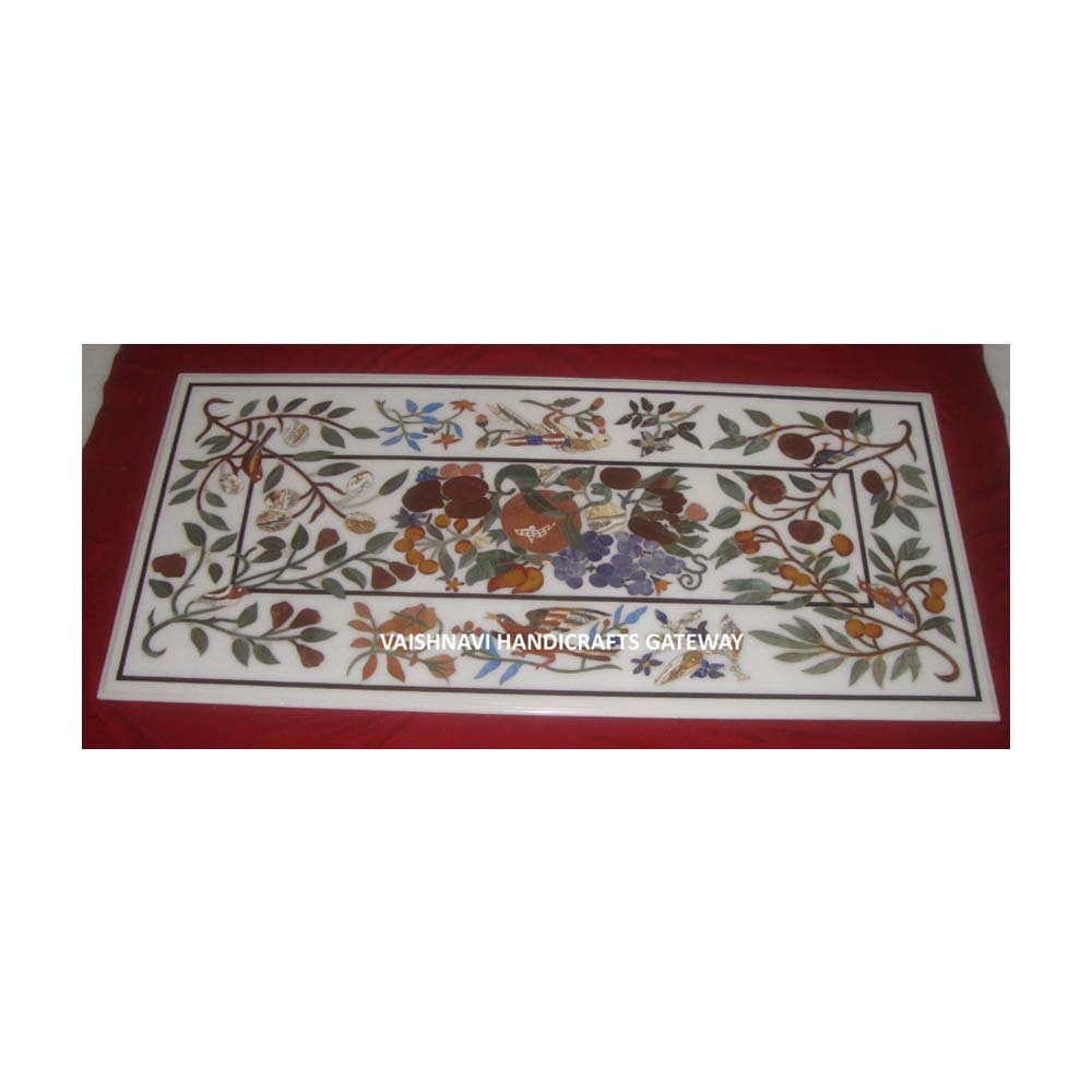 Unique Pure White Vietnam Marble Inlaid Table Top For Dining Room, Beautiful Natural Stone Inlay Table