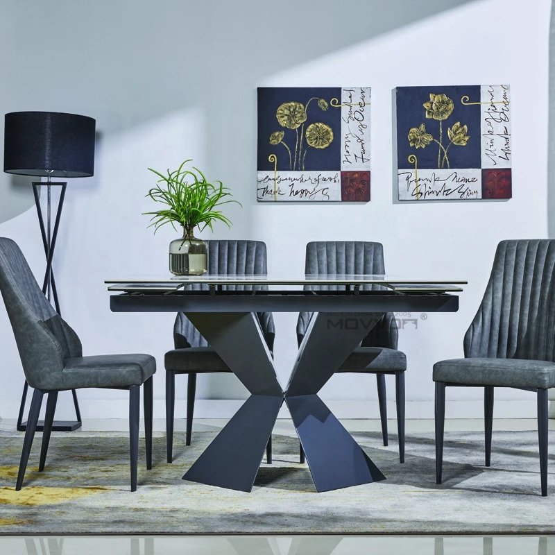 Metal Feet Dining Table Set with two side extension Ceramic glass top extendable Dining table