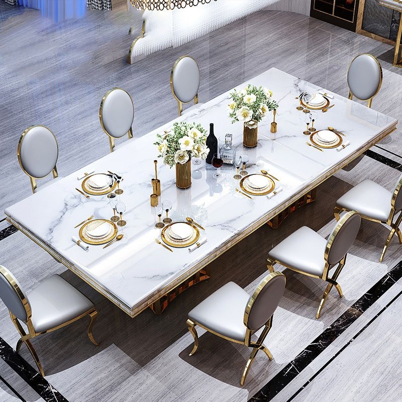 Luxury Natural Stainless Steel Table Home Table And Chair Set Villa Large Rectangular Metal Marble Dining Tables