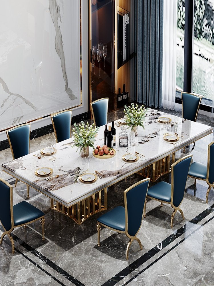 Luxury Natural Stainless Steel Table Home Table And Chair Set Villa Large Rectangular Metal Marble Dining Tables