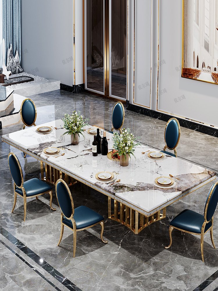 Luxury Natural Stainless Steel Table Home Table And Chair Set Villa Large Rectangular Metal Marble Dining Tables