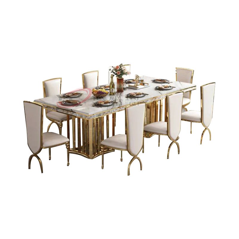 Luxury Natural Stainless Steel Table Home Table And Chair Set Villa Large Rectangular Metal Marble Dining Tables