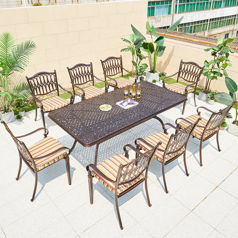 Patio Terrace Aluminum Durable Table 8 Chairs French Outdoor Party Restaurant Rectangular Cast Dining Table Set Luxury