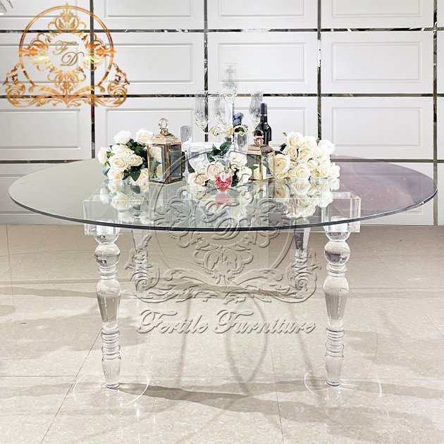Modern Wedding Event Banquet Hotel Cristal Desk Round Shape Clear Mirror Glass Top Crystal Acrylic Base Dining Table