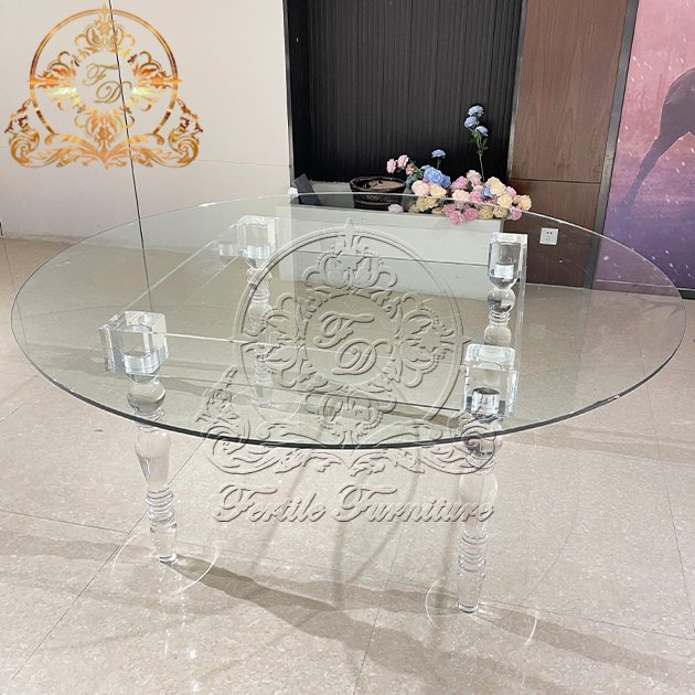 Modern Wedding Event Banquet Hotel Cristal Desk Round Shape Clear Mirror Glass Top Crystal Acrylic Base Dining Table