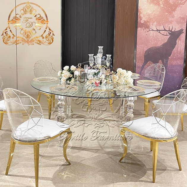 Modern Wedding Event Banquet Hotel Cristal Desk Round Shape Clear Mirror Glass Top Crystal Acrylic Base Dining Table