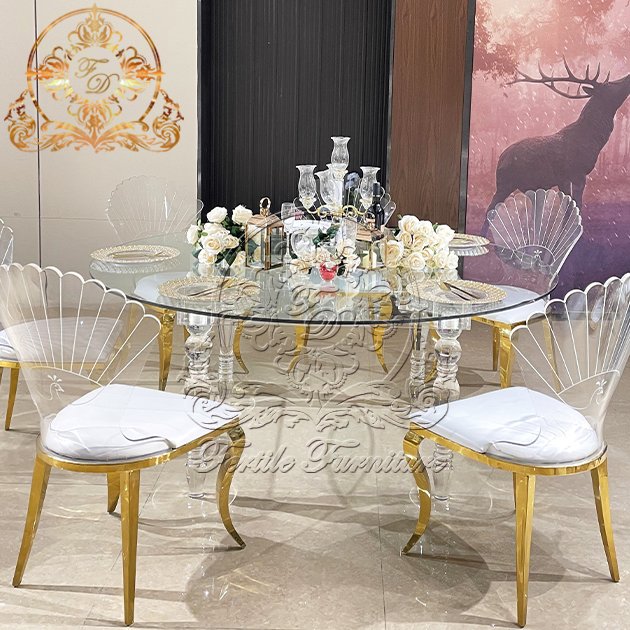 Modern Wedding Event Banquet Hotel Cristal Desk Round Shape Clear Mirror Glass Top Crystal Acrylic Base Dining Table