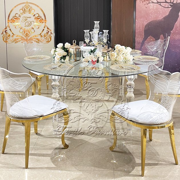 Modern Wedding Event Banquet Hotel Cristal Desk Round Shape Clear Mirror Glass Top Crystal Acrylic Base Dining Table