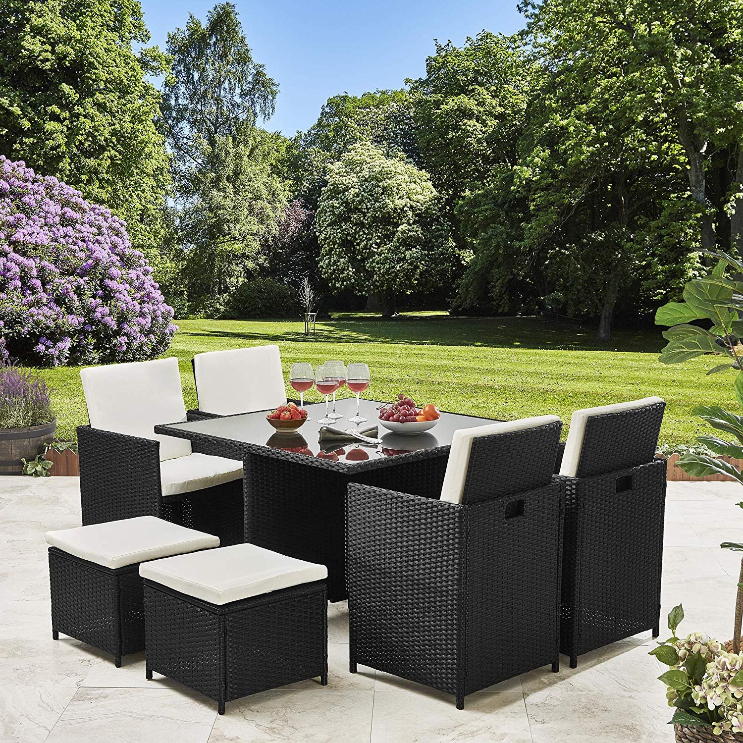 Cube Rattan Wicker Garden Dining Tables And Chairs Outdoor Furniture Sets With Tempered Glass