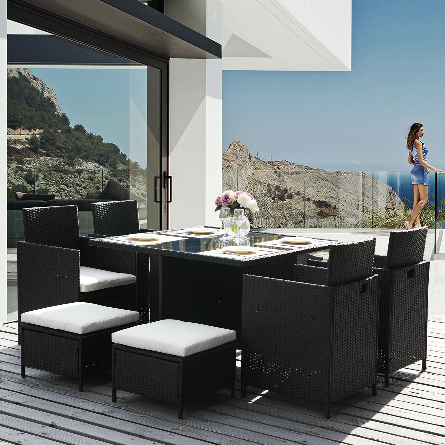Cube Rattan Wicker Garden Dining Tables And Chairs Outdoor Furniture Sets With Tempered Glass