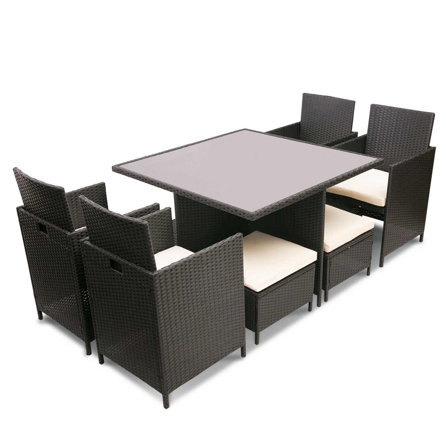 Cube Rattan Wicker Garden Dining Tables And Chairs Outdoor Furniture Sets With Tempered Glass