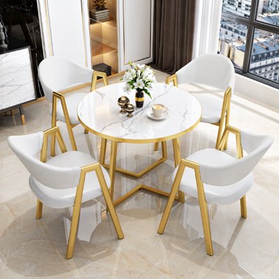 Most popular small round marble dining table and chair set with golden iron table legs for coffee tea bar table