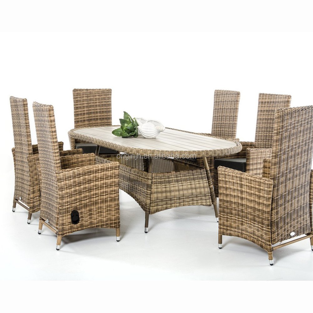 Cheap afternoon tea garden oval table 6 seat high back gradient rattan diner chairs outdoor patio furniture set