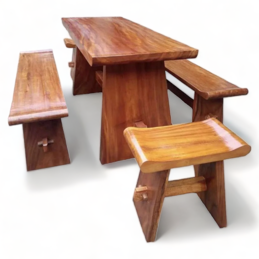Modern Acacia Wood Dining Table Set with Double Bench Stool Live Edge Natural Slab Suar Wood Restaurant Furniture for Hotels