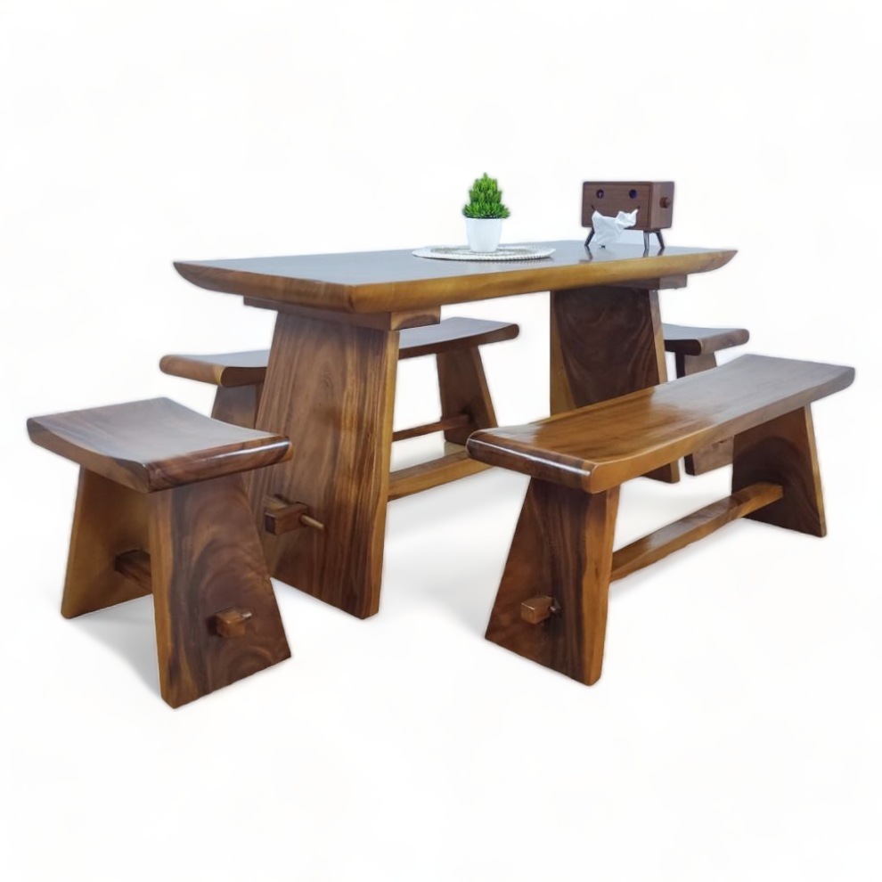 Modern Acacia Wood Dining Table Set with Double Bench Stool Live Edge Natural Slab Suar Wood Restaurant Furniture for Hotels
